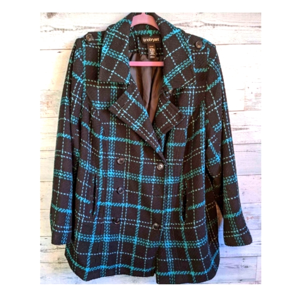 Lane Bryant Black & Teal Plaid Double-Breasted Coat